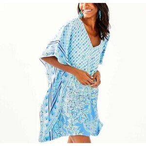 Lilly Pulitzer Lindamarie Mixed Print Silk Caftan Bondi Blue Scuba Doo S/M NEW